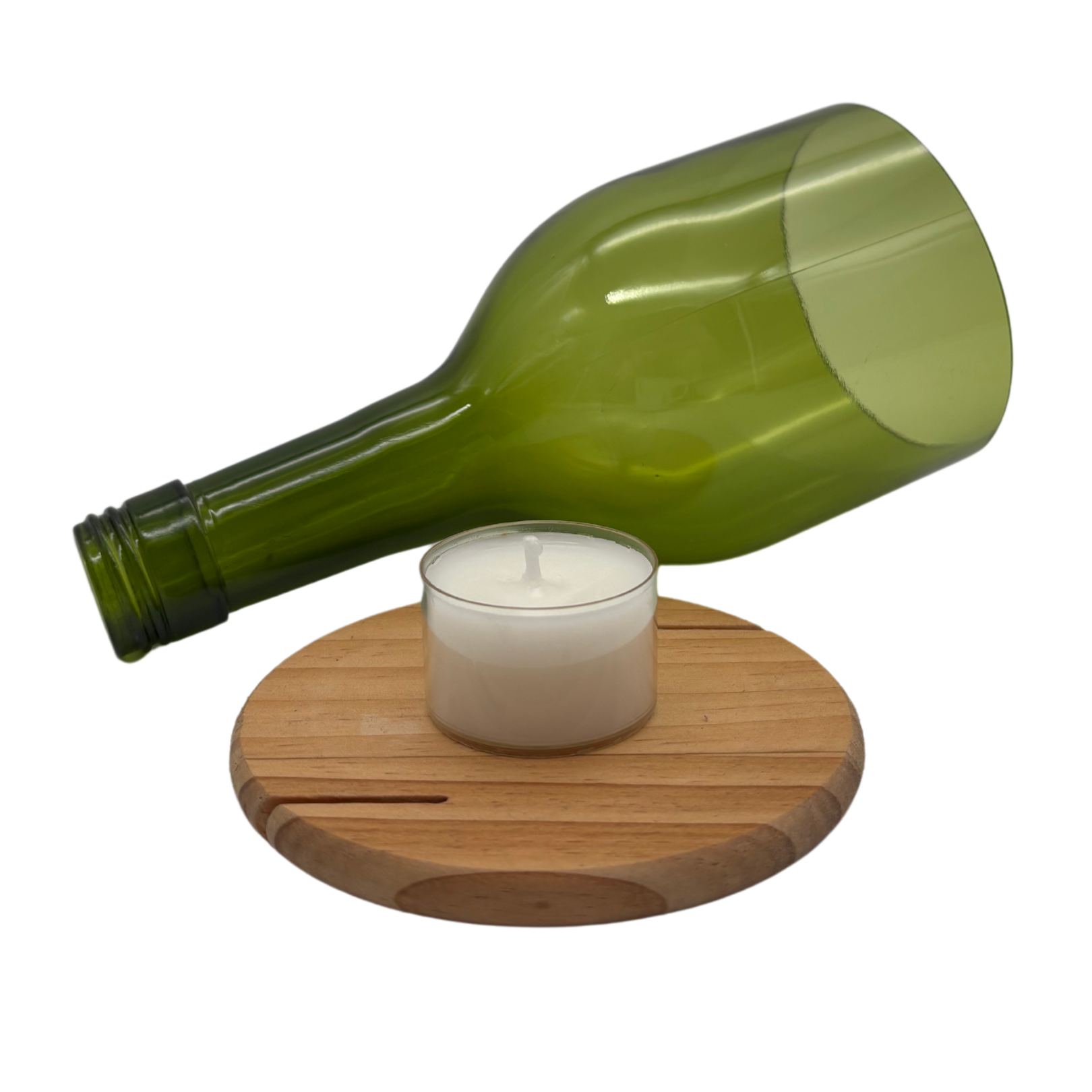 Teelichthalter handgefertigt grün Glas 20x8,5cm + Kerze 6h + Holzuntersetzer