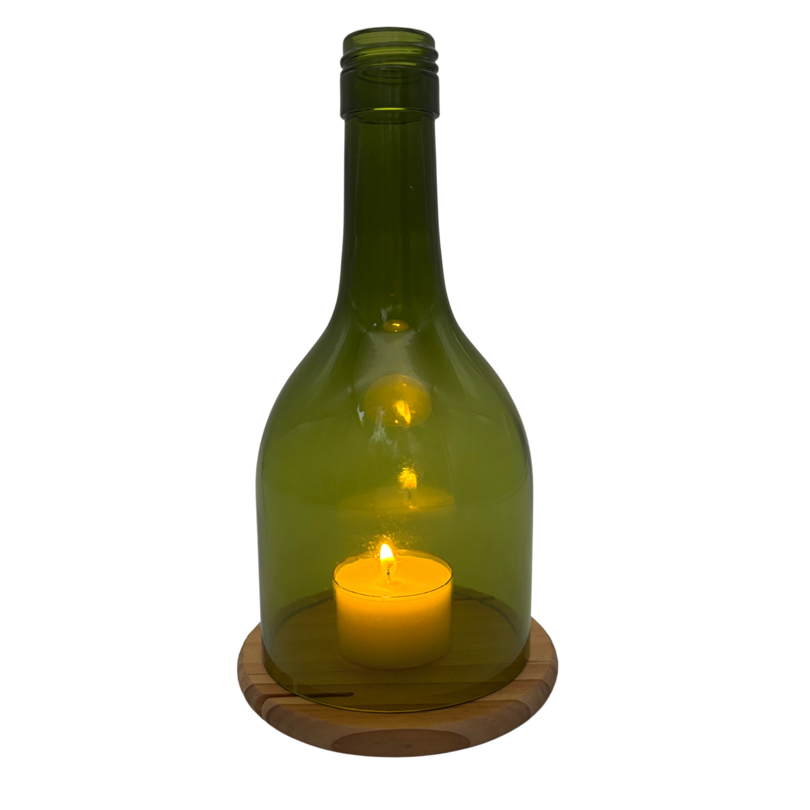 Teelichthalter handgefertigt grün Glas 20x8,5cm + Kerze 6h + Holzuntersetzer