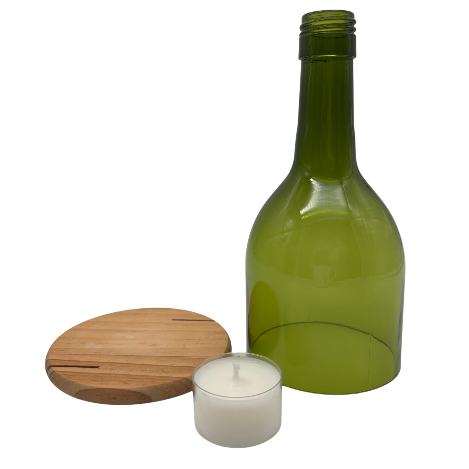 Teelichthalter handgefertigt grün Glas 20x8,5cm + Kerze 6h + Holzuntersetzer