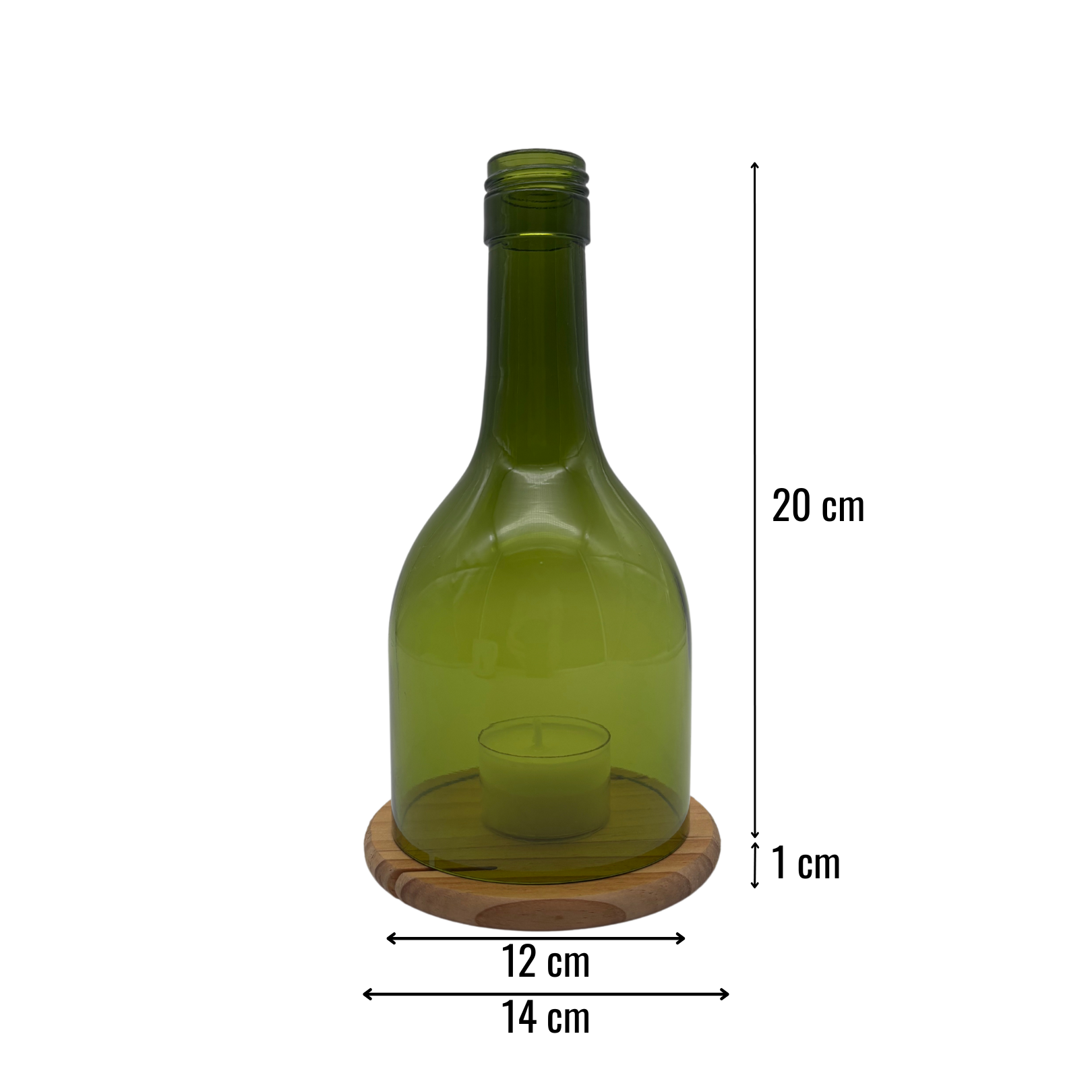Teelichthalter handgefertigt grün Glas 20x8,5cm + Kerze 6h + Holzuntersetzer